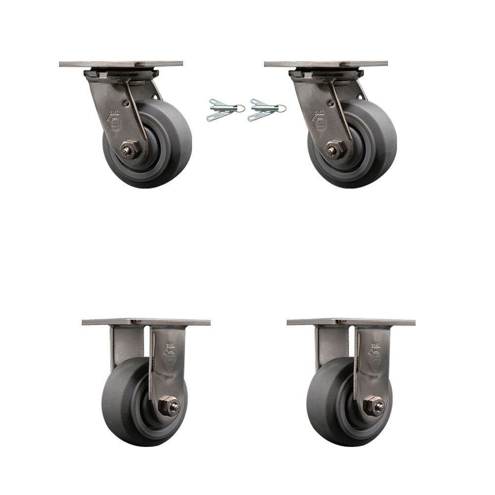 316 Stainless Steel Heavy Duty Swivel Caster Set of 4 with 4 Inch Thermoplastic Rubber Flat Tread Wheels and Ball Bearings-Includes 2 Swivel with Bolt on Swivel Locks and 2 Rigid- Service Caster Brand — photo 1