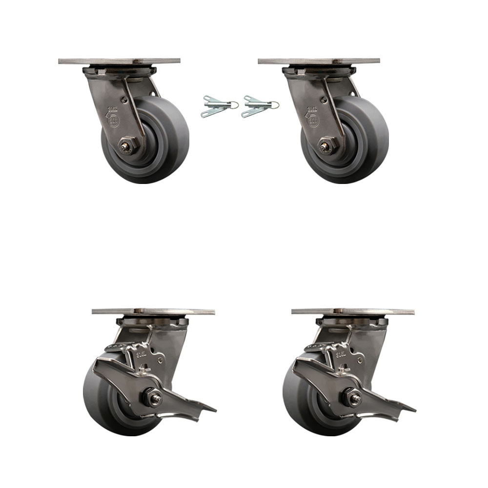 316 Stainless Steel Heavy Duty Swivel Caster Set with 4 Inch Thermoplastic Rubber Flat Tread Wheels and Delrin Bearing-Include 2 Swivel w/Bolt on Swivel Lock and 2 Swivel w/Brake- Service Caster Brand — photo 1