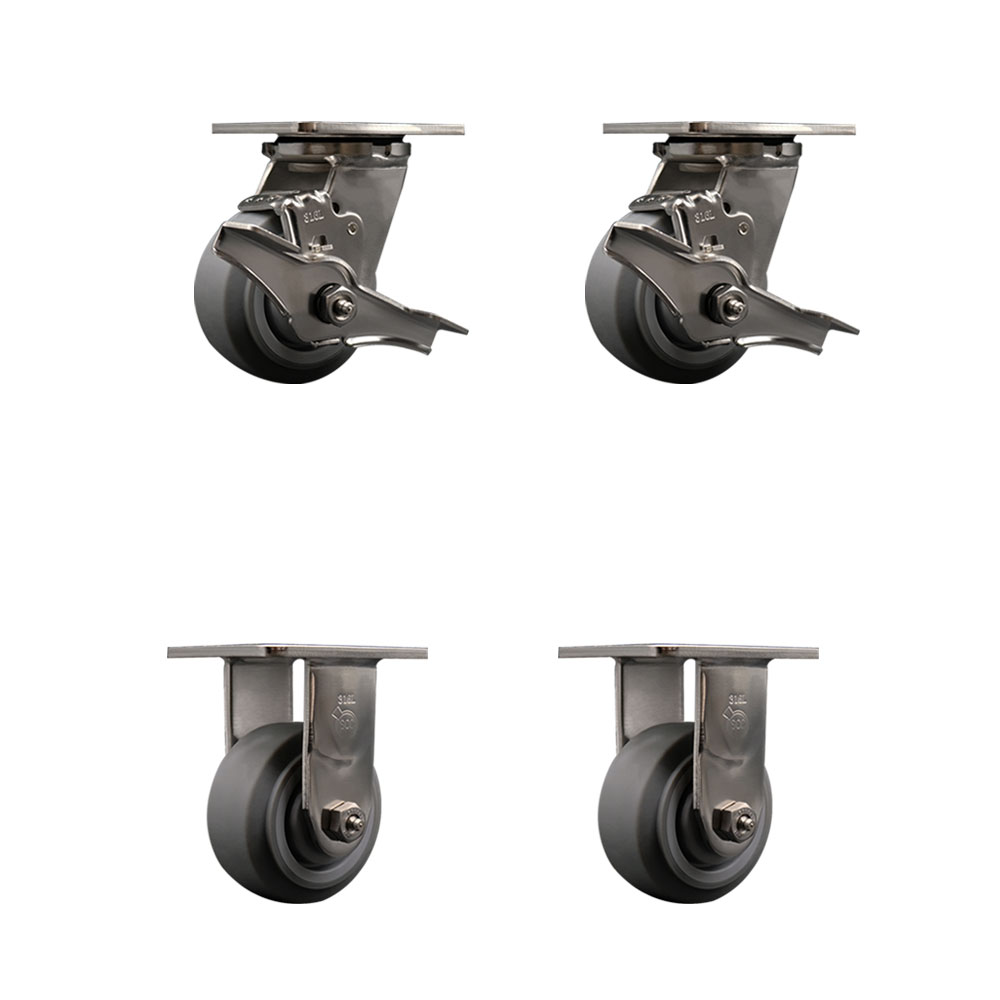 316 Stainless Steel Heavy Duty Swivel Caster Set of 4 with 4 Inch Thermoplastic Rubber Flat Tread Wheels - Includes 2 Swivel with Brakes and 2 Rigid - 1,200 lbs. Total Capacity - Service Caster Brand — photo 1