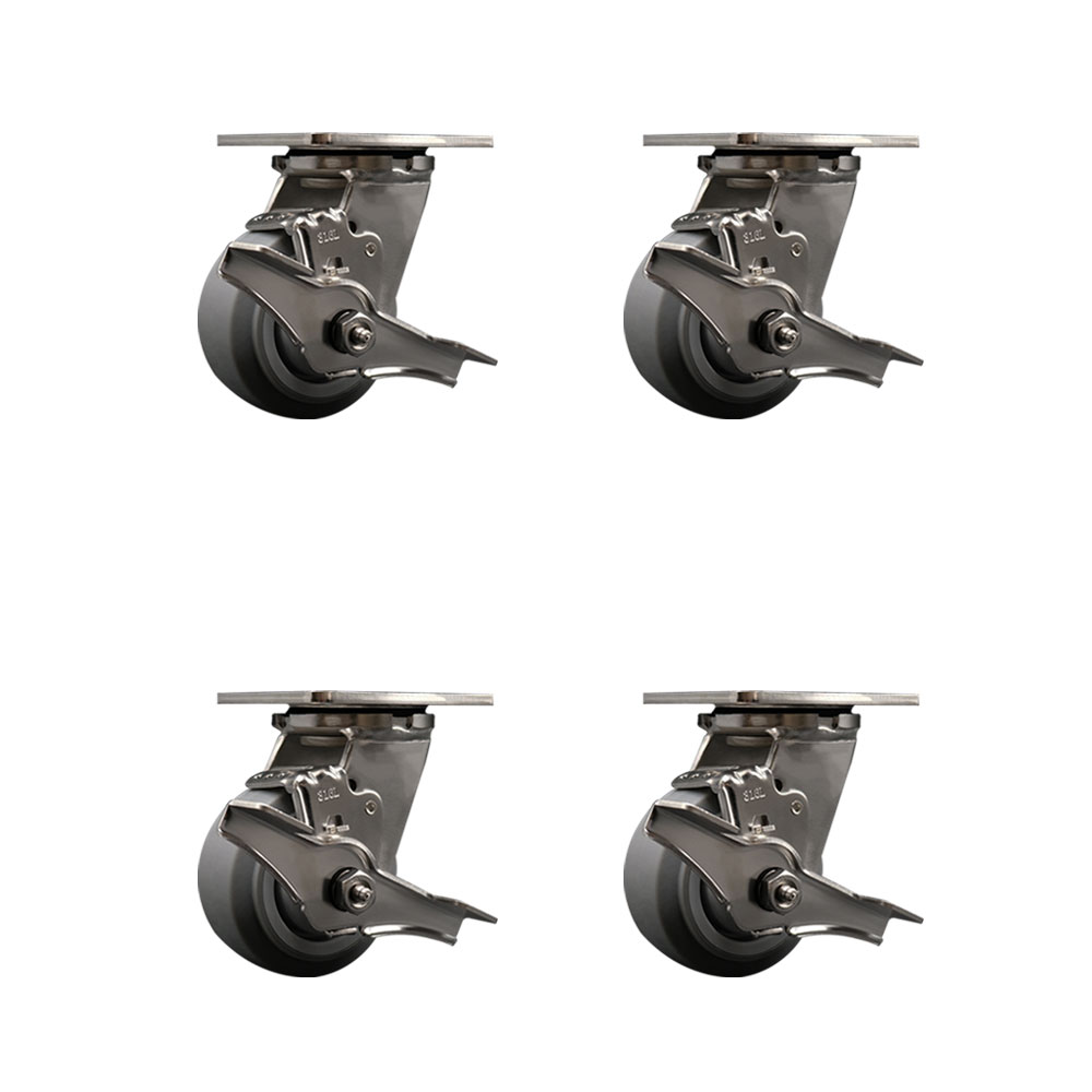 316 Stainless Steel Heavy Duty Swivel Caster Set of 4 with 4 Inch Thermoplastic Rubber Flat Tread Wheels and Delrin Bearings - Includes 4 Swivel with Top Lock Brakes - Service Caster Brand — photo 1