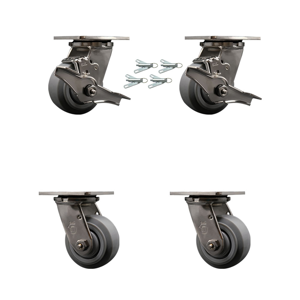 316 Stainless Heavy Duty Swivel Caster Set with 4 Inch Thermoplastic Rubber Flat Tread Wheels and Delrin Bearings-Include 2 Swivel w/Brakes&Swivel Lock and 2 Swivel w/Swivel Lock- Service Caster Brand — photo 1