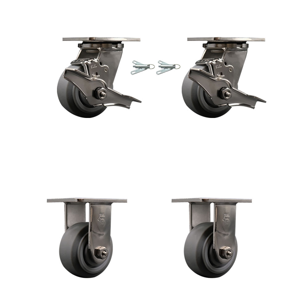 316 Stainless Steel Heavy Duty Swivel Caster Set with 4 Inch Thermoplastic Rubber Flat Tread Wheels - Includes 2 Swivel with Brakes and Bolt on Swivel Locks and 2 Rigid - Service Caster Brand — photo 1