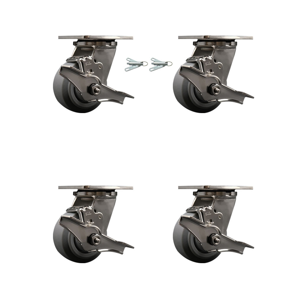 316 Stainless Steel Heavy Duty Swivel Caster Set with 4 Inch Thermoplastic Rubber Flat Tread Wheels and Delrin Bearing-Include 2 Swivel w/Brake & Swivel Lock and 2 Swivel w/Brake- Service Caster Brand — photo 1