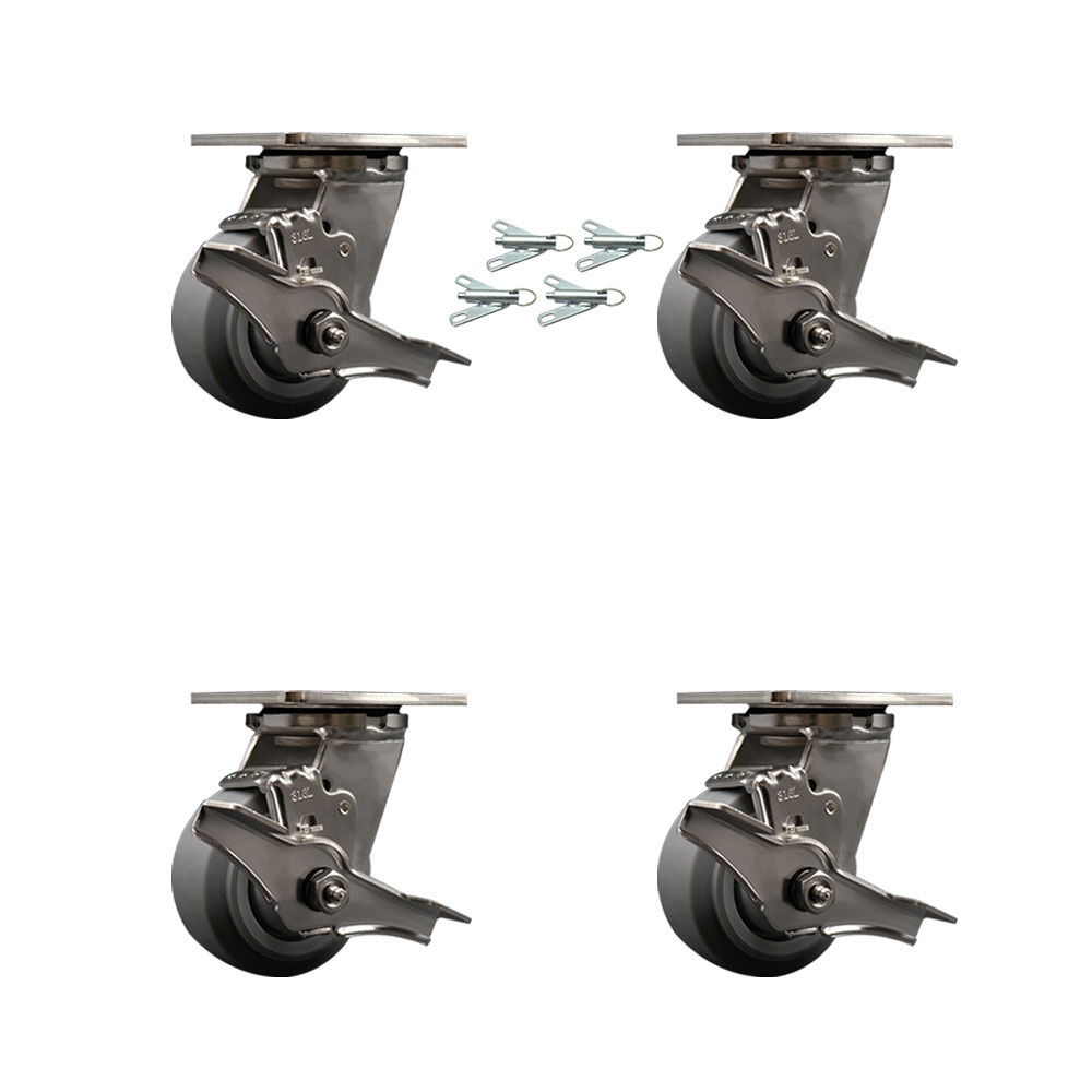 316 Stainless Steel Heavy Duty Swivel Caster Set of 4 with 4 Inch Thermoplastic Rubber Flat Tread Wheels and Delrin Bearings - Includes 4 Swivel w/Brakes and Bolt on Swivel Locks- Service Caster Brand — photo 1