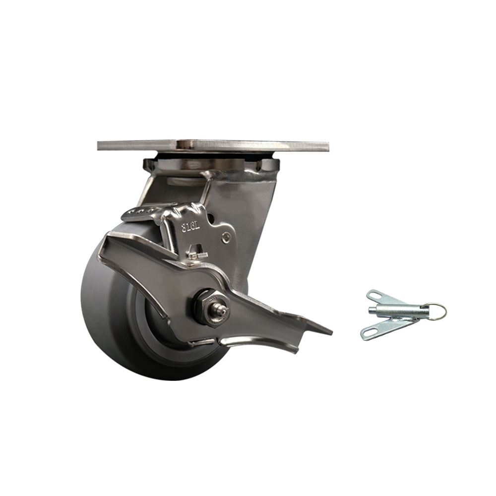 316 Stainless Steel Heavy Duty Swivel Top Plate Caster with Top Lock Brake and Bolt on Swivel Lock and 4 Inch Thermoplastic Rubber Flat Tread Wheel with Delrin Bearings - Service Caster Brand — photo 1