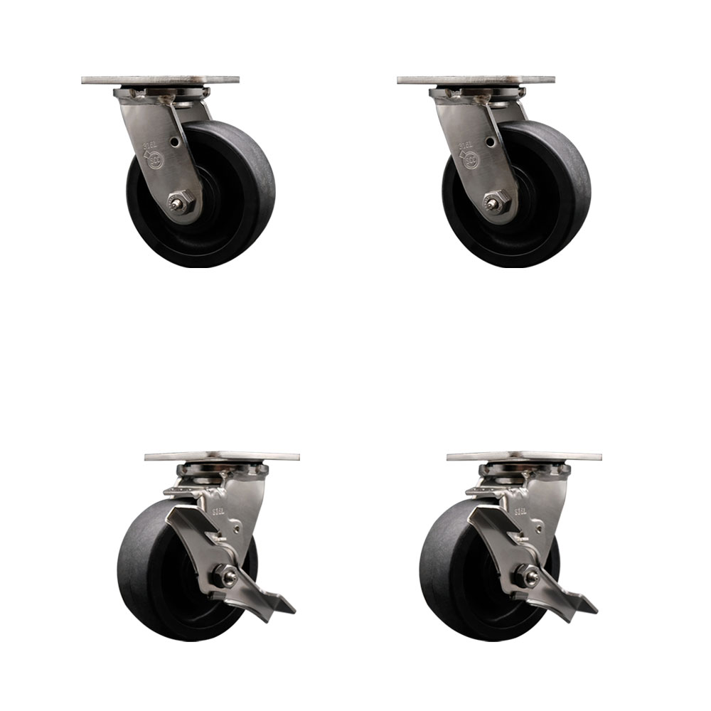 316 Stainless Steel Heavy Duty Swivel Caster Set of 4 with 5 Inch Glass Filled Nylon Wheels and Delrin Bearings - Includes 2 Swivel with Brakes and 2 Swivel - Service Caster Brand — photo 1