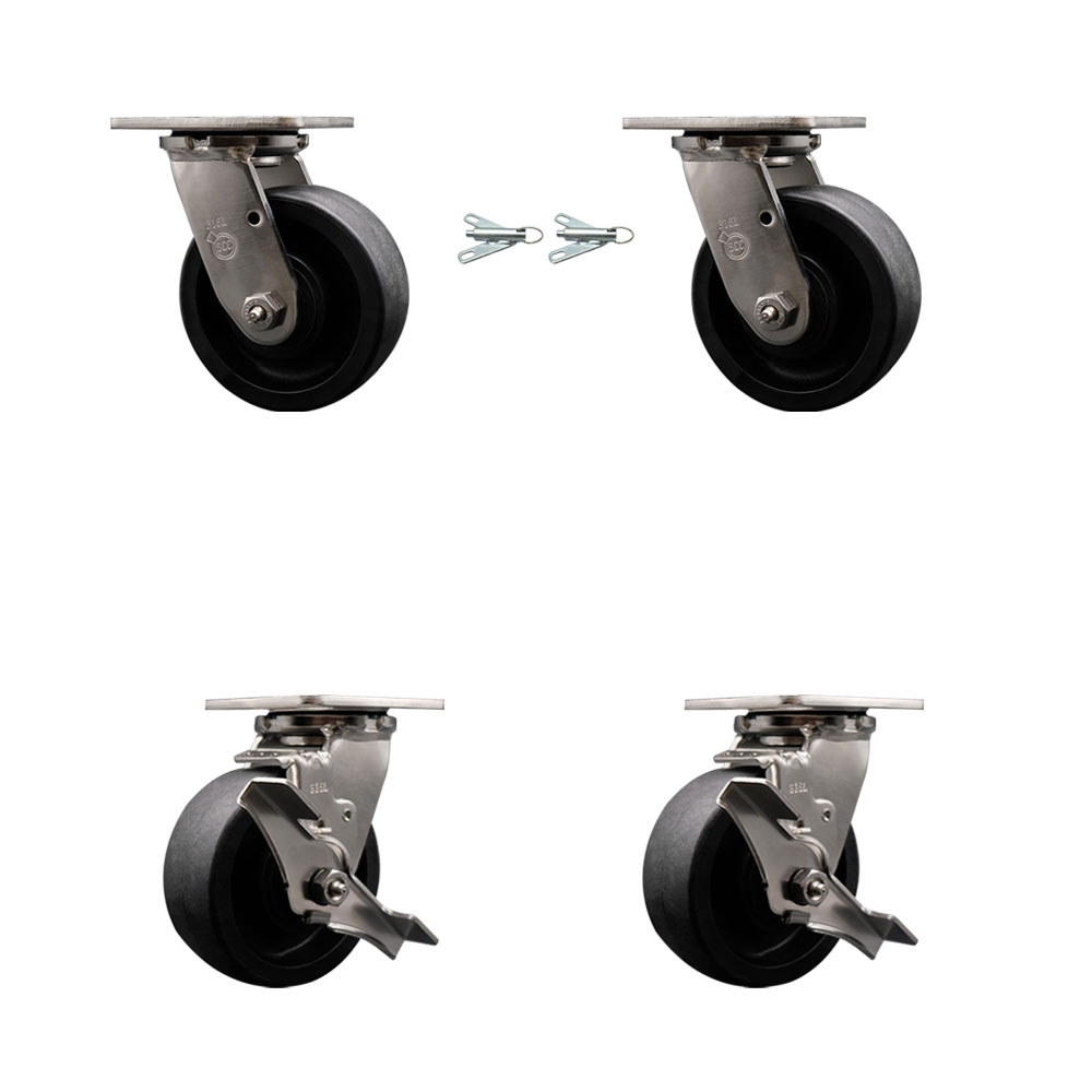 316 Stainless Steel Heavy Duty Swivel Caster Set with 5 Inch Glass Filled Nylon Wheels and Delrin Bearings - Includes 2 Swivel with Bolt on Swivel Locks and 2 Swivel with Brakes - Service Caster Brand — photo 1