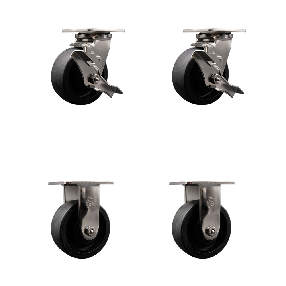 316 Stainless Steel Heavy Duty Swivel Caster Set of 4 with 5 Inch Glass Filled Nylon Wheels - Includes 2 Swivel with Brakes and 2 Rigid - 5,000 lbs. Total Capacity - Service Caster Brand — photo 1