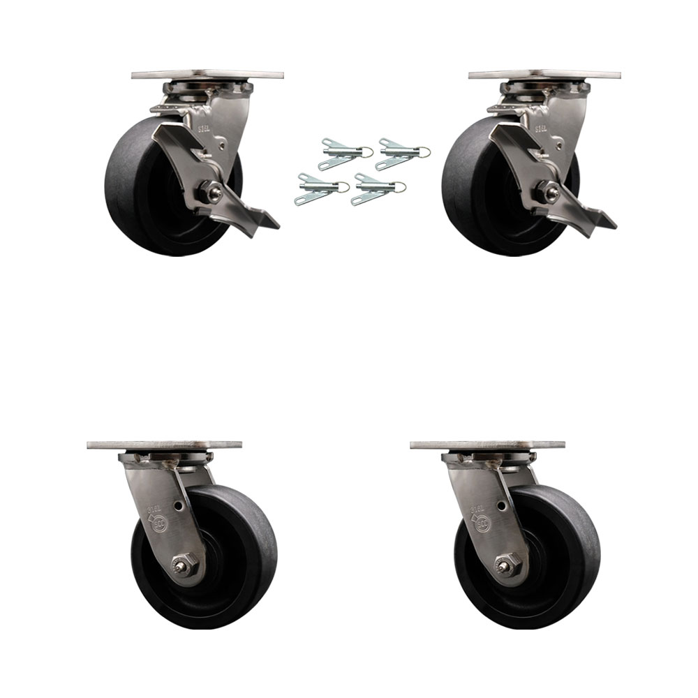 316 Stainless Heavy Duty Swivel Caster Set with 5 Inch Glass Filled Nylon Wheels and Ball Bearing-Include 2 Swivel w/Brake & Bolt on Swivel Lock and 2 Swivel w/Bolt on Swivel Lock-Service Caster Brand — photo 1