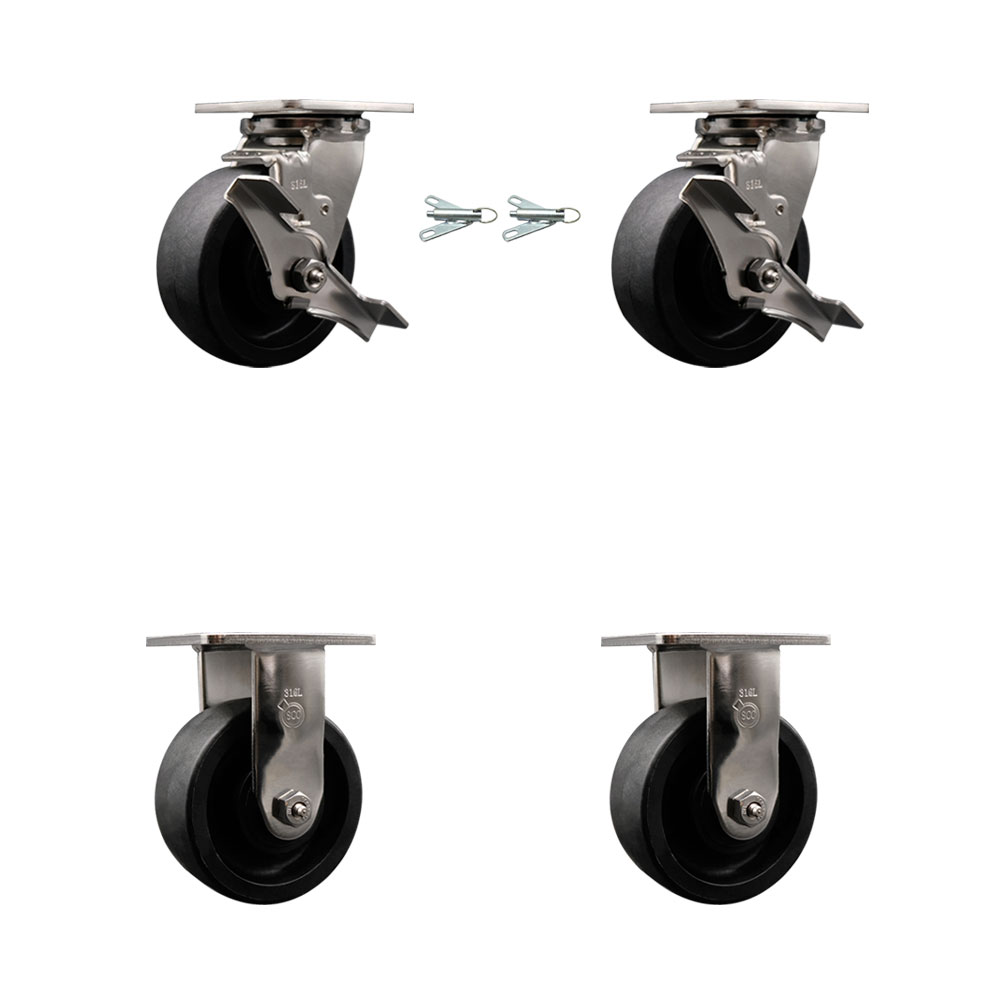 316 Stainless Steel Heavy Duty Swivel Caster Set with 5 Inch Glass Filled Nylon Wheels and Ball Bearings - Includes 2 Swivel with Brakes and Bolt on Swivel Locks and 2 Rigid - Service Caster Brand — photo 1