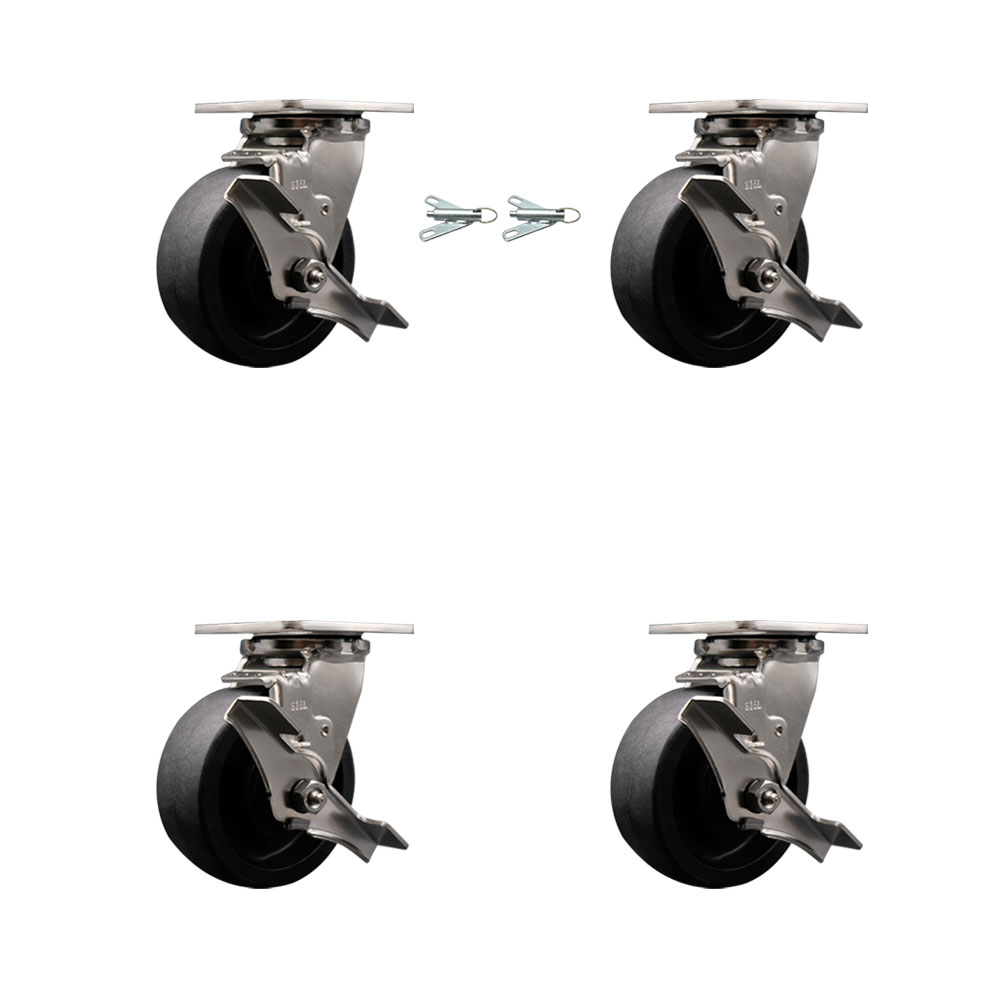 316 Stainless Steel Heavy Duty Swivel Caster Set with 5 Inch Glass Filled Nylon Wheels and Delrin Bearing - Include 2 Swivel with Brake & Bolt on Swivel Lock and 2 Swivel w/Brakes-Service Caster Brand — photo 1