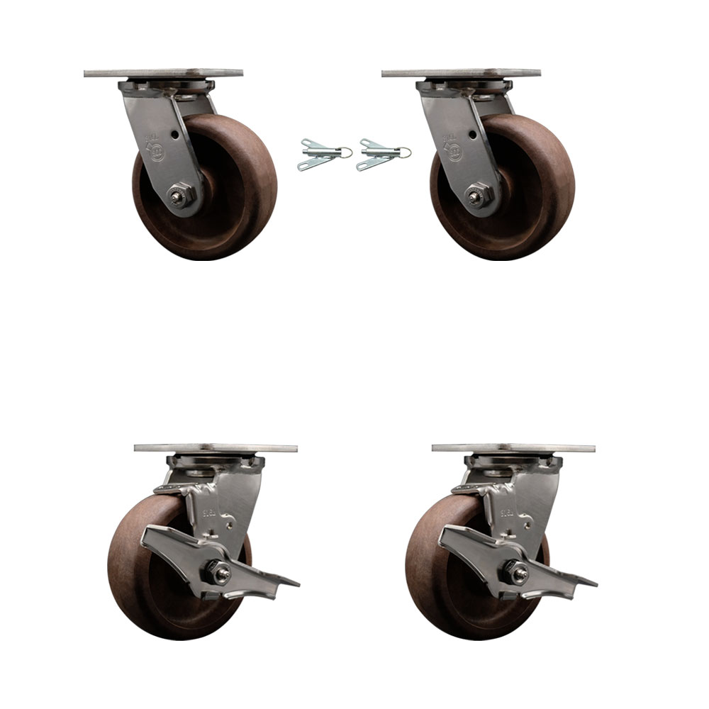 316 Stainless Steel Heavy Duty Swivel Caster Set with 5 Inch High Temperature Glass Filled Nylon Wheels - Includes 2 Swivel with Bolt on Swivel Locks and 2 Swivel with Brakes - Service Caster Brand — photo 1