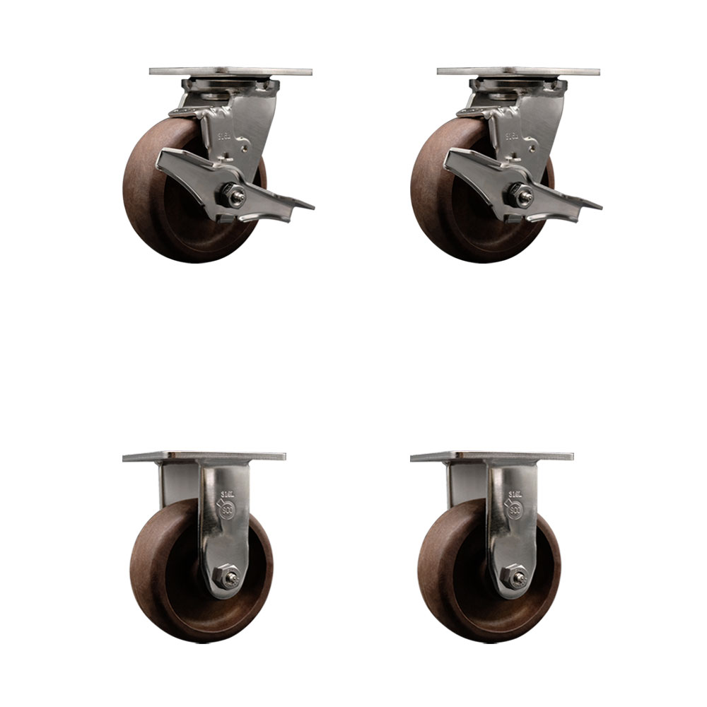 316 Stainless Steel Heavy Duty Swivel Caster Set of 4 with 5 Inch High Temperature Glass Filled Nylon Wheels-Includes 2 Swivel with Brakes and 2 Rigid- 4,000 lbs. Total Capacity - Service Caster Brand — photo 1