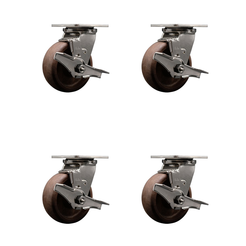 316 Stainless Steel Heavy Duty Swivel Caster Set of 4 with 5 Inch High Temperature Glass Filled Nylon Wheels - Includes 4 Swivel with Top Lock Brakes - 4,000 lbs. Total Capacity - Service Caster Brand — photo 1