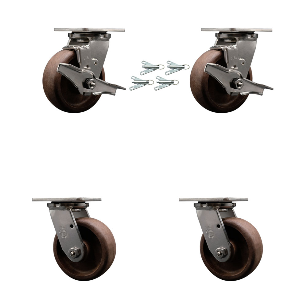 316 Stainless Heavy Duty Swivel Caster Set with 5 Inch High Temp Glass Filled Nylon Wheel-Include 2 Swivel with Brake and Bolt on Swivel Lock and 2 Swivel with Bolt on Swivel Lock-Service Caster Brand — photo 1