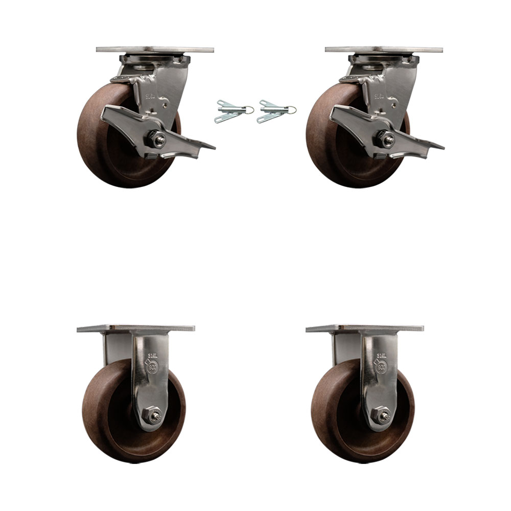 316 Stainless Steel Heavy Duty Swivel Caster Set with 5 Inch High Temperature Glass Filled Nylon Wheels - Includes 2 Swivel with Brakes and Bolt on Swivel Locks and 2 Rigid - Service Caster Brand — photo 1