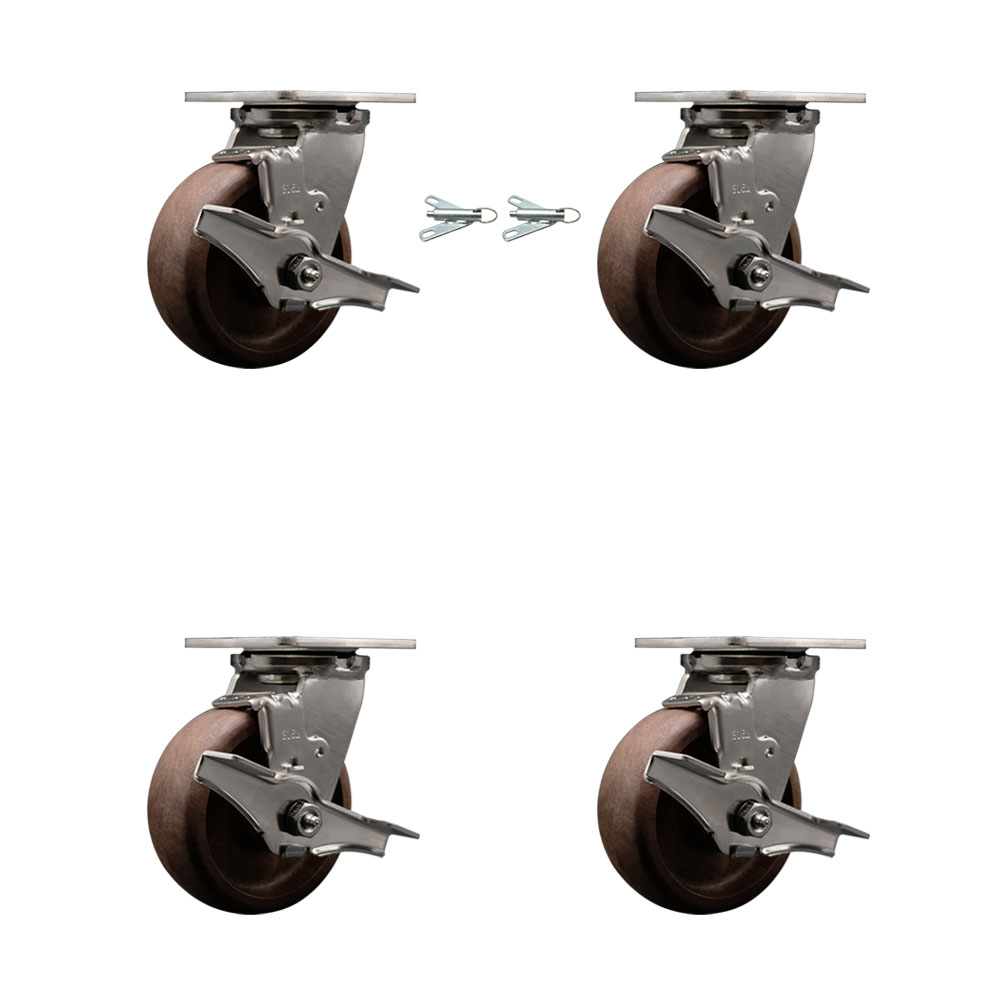 316 Stainless Steel Heavy Duty Swivel Caster Set with 5 Inch High Temp Glass Filled Nylon Wheels - Includes 2 Swivel with Brakes and Bolt on Swivel Locks and 2 Swivel with Brakes- Service Caster Brand — photo 1