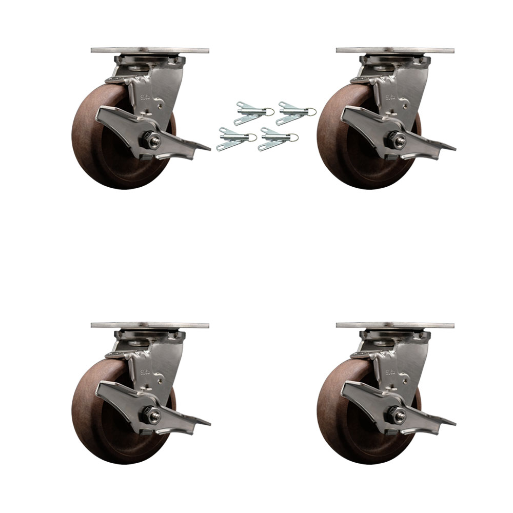 316 Stainless Steel Heavy Duty Swivel Caster Set of 4 with 5 Inch High Temperature Glass Filled Nylon Wheels - Includes 4 Swivel with Top Lock Brakes and Bolt on Swivel Locks - Service Caster Brand — photo 1