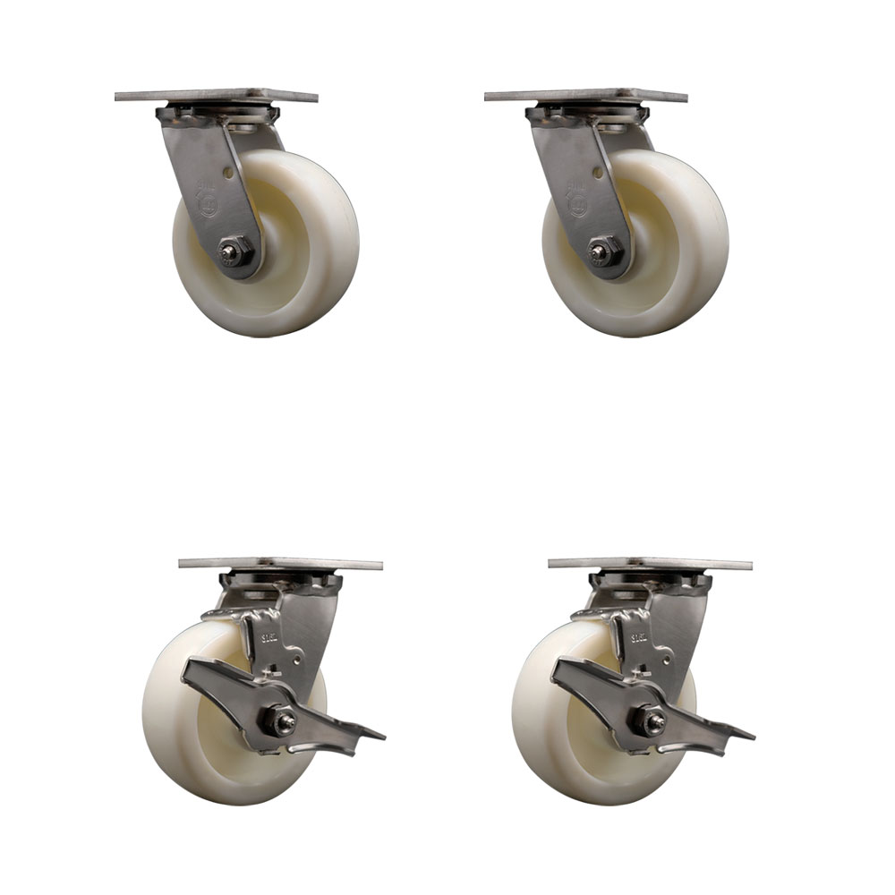 316 Stainless Steel Heavy Duty Swivel Caster Set of 4 with 5 Inch Nylon Wheels and Ball Bearings - Includes 2 Swivel with Brakes and 2 Swivel - 3,600 lbs. Total Capacity - Service Caster Brand — photo 1