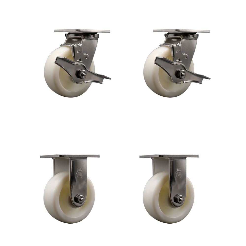 316 Stainless Steel Heavy Duty Swivel Caster Set of 4 with 5 Inch  Nylon Wheels - Includes 2 Swivel with Brakes and 2 Rigid - 3,600 lbs. Total Capacity - Service Caster Brand — photo 1