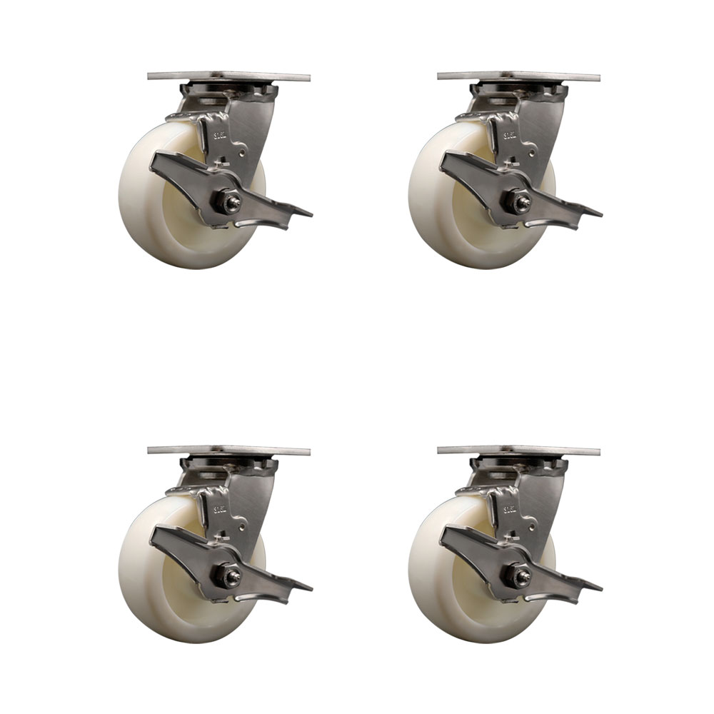316 Stainless Steel Heavy Duty Swivel Caster Set of 4 with 5 Inch Nylon Wheels - Includes 4 Swivel with Top Lock Brakes - 3,600 lbs. Total Capacity - Service Caster Brand — photo 1