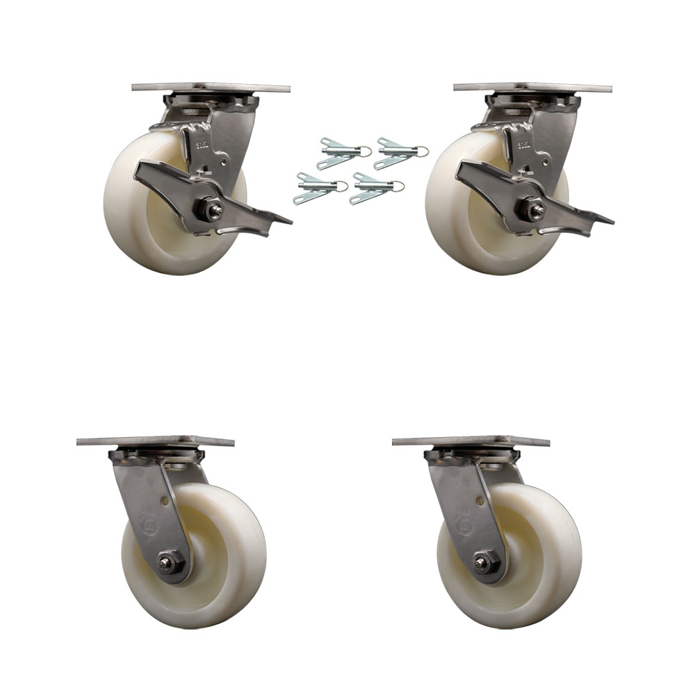 316 Stainless Heavy Duty Swivel Caster Set with 5 Inch Nylon Wheels and Ball Bearings-Includes 2 Swivel with Brakes and Bolt on Swivel Locks and 2 Swivel with Bolt on Swivel Locks-Service Caster Brand — photo 1