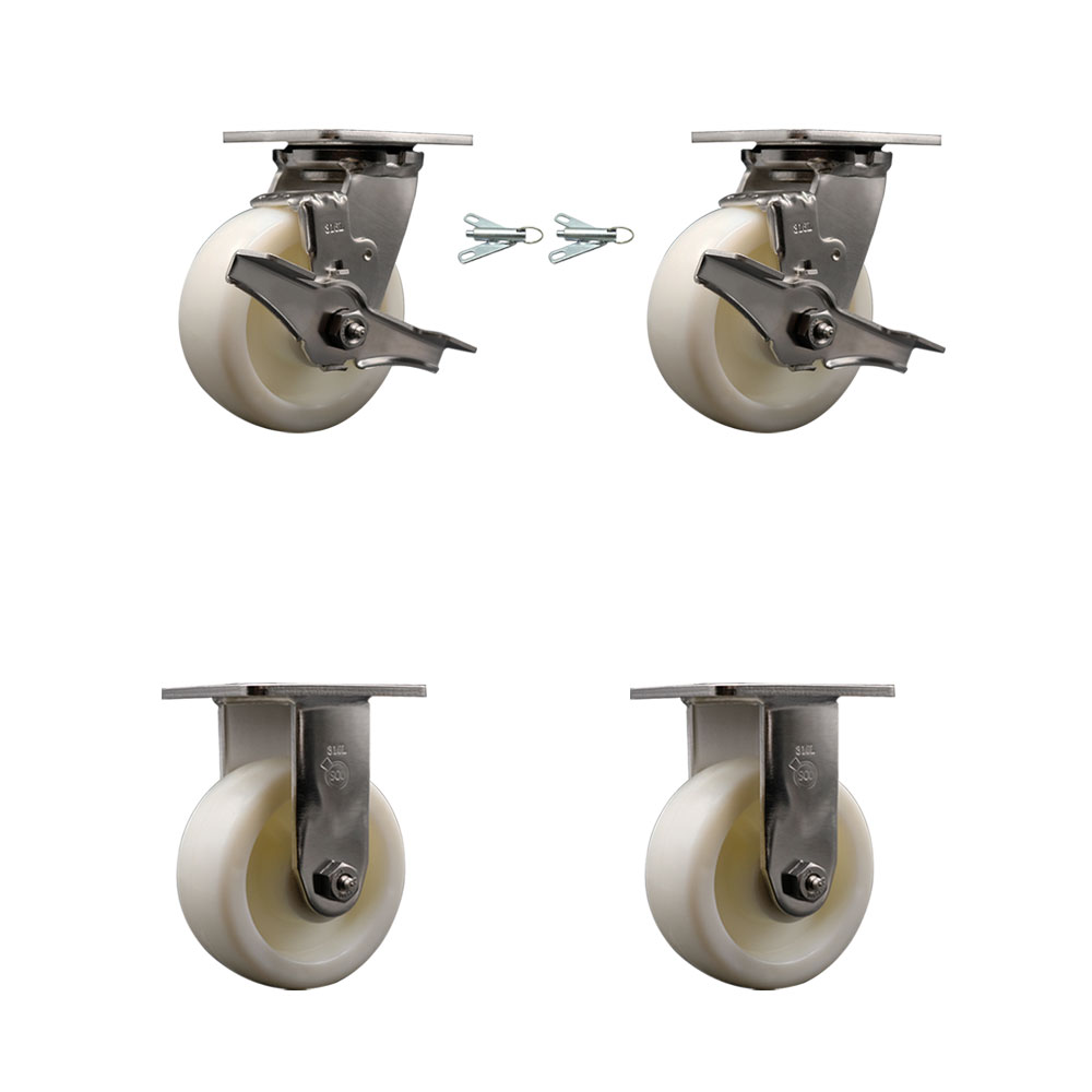 316 Stainless Steel Heavy Duty Swivel Caster Set with 5 Inch  Nylon Wheels - Includes 2 Swivel with Brakes and Bolt on Swivel Locks and 2 Rigid - 3,600 lbs. Total Capacity - Service Caster Brand — photo 1
