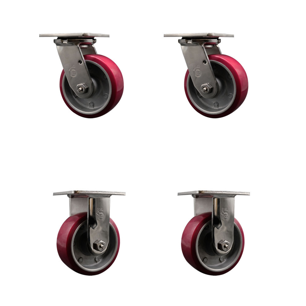 316 Stainless Steel Heavy Duty Swivel Caster Set of 4 with 5 Inch Polyurethane on Aluminum Wheels and Ball Bearings - Includes 2 Swivel and 2 Rigid - 3,600 lbs. Total Capacity - Service Caster Brand — photo 1