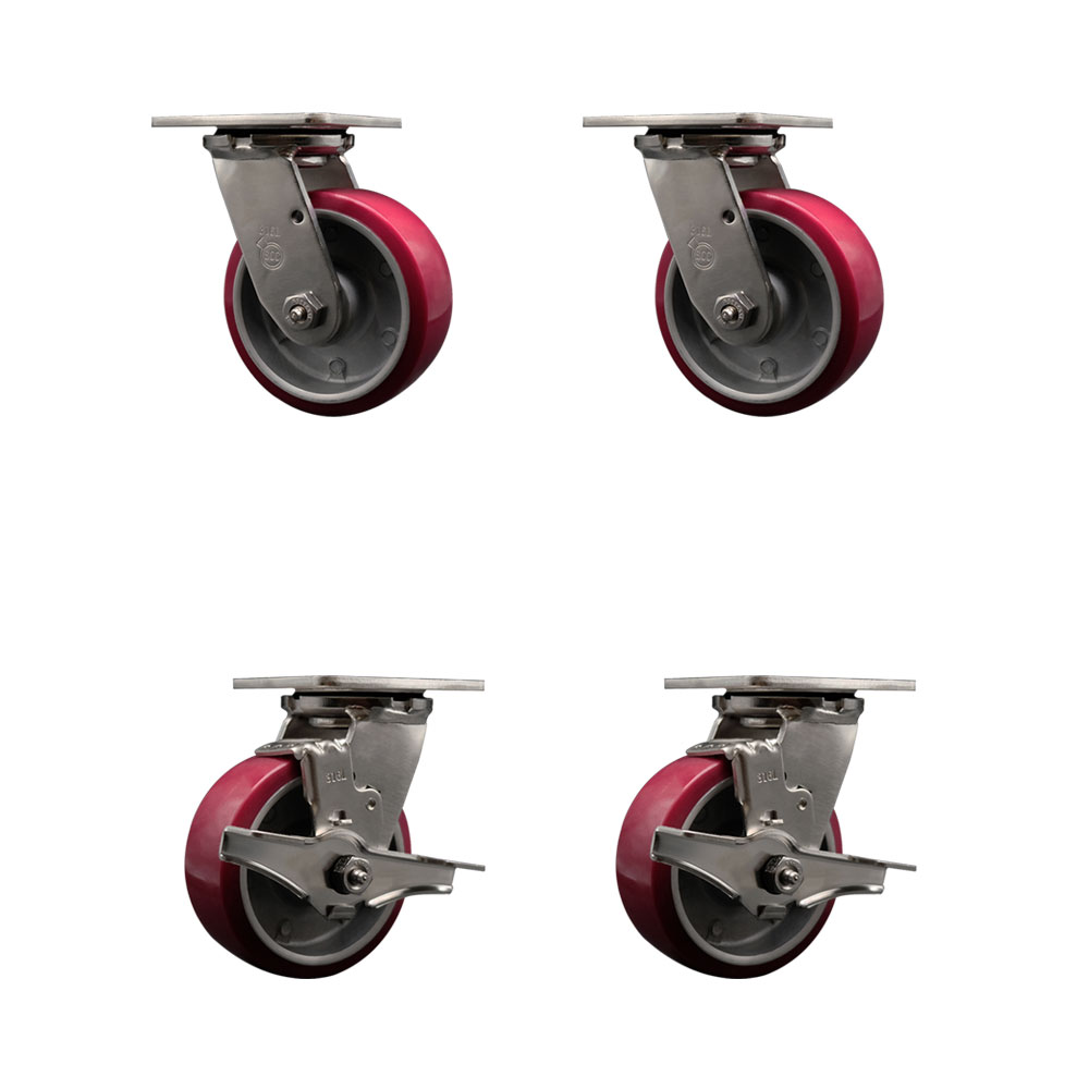 316 Stainless Steel Heavy Duty Swivel Caster Set of 4 with 5 Inch Polyurethane on Aluminum Wheels and Delrin Bearings - Includes 2 Swivel with Brakes and 2 Swivel - Service Caster Brand — photo 1