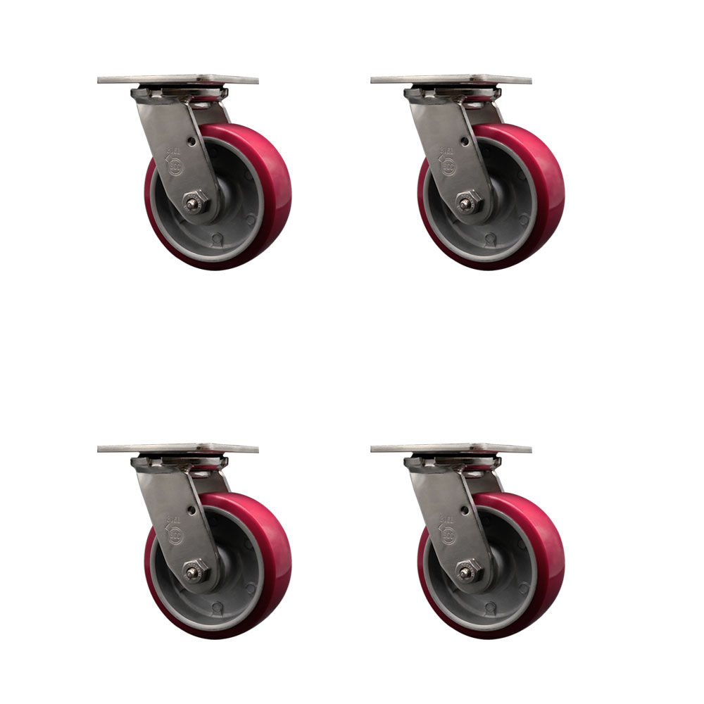 316 Stainless Steel Heavy Duty Swivel Caster Set of 4 with 5 Inch Polyurethane on Aluminum Wheels and Delrin Bearings - Includes 4 Swivel - 3,600 lbs. Total Capacity - Service Caster Brand — photo 1