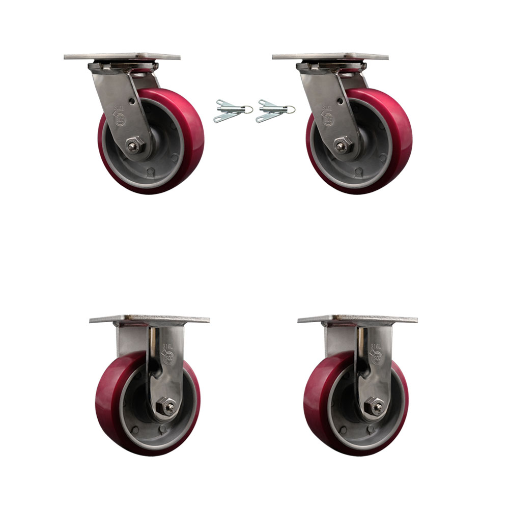 316 Stainless Steel Heavy Duty Swivel Caster Set of 4 with 5 Inch Polyurethane on Aluminum Wheels and Ball Bearings - Includes 2 Swivel with Bolt on Swivel Locks and 2 Rigid - Service Caster Brand — photo 1