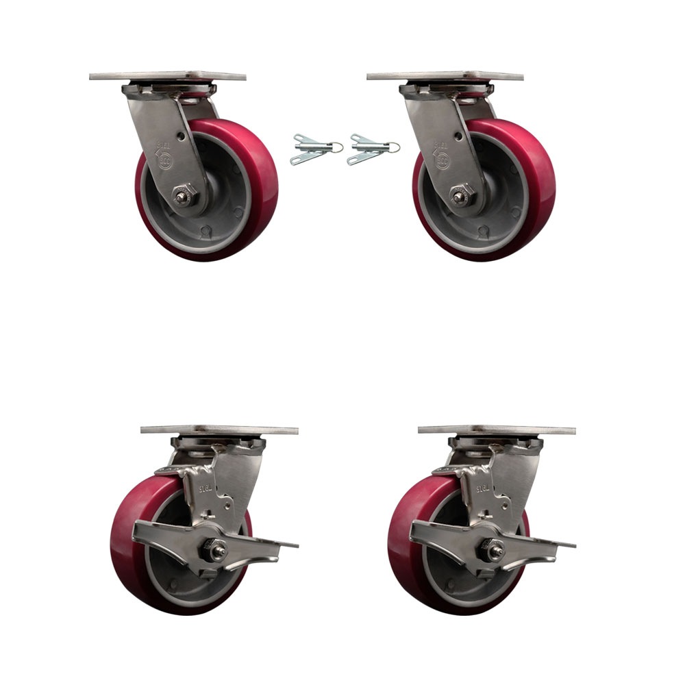 316 Stainless Steel Heavy Duty Swivel Caster Set with 5 Inch Polyurethane on Aluminum Wheels -Includes 2 Swivel with Bolt on Swivel Locks and 2 Swivel with Brakes - Service Caster Brand — photo 1