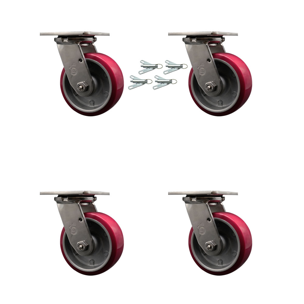 316 Stainless Steel Heavy Duty Swivel Caster Set of 4 with 5 Inch Polyurethane on Aluminum Wheels and Delrin Bearings - Includes 4 Swivel with Bolt on Swivel Locks - Service Caster Brand — photo 1