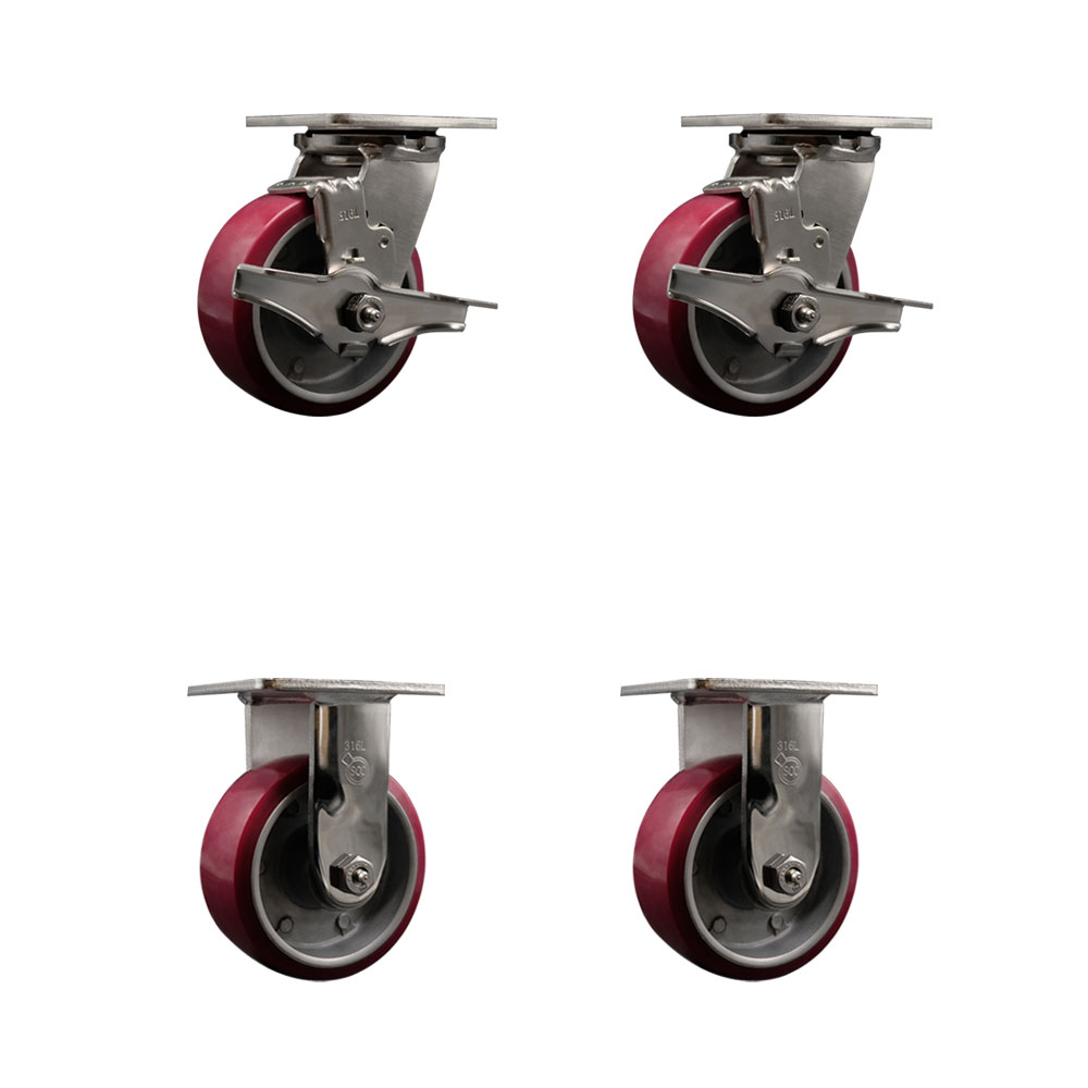 316 Stainless Steel Heavy Duty Swivel Caster Set of 4 with 5 Inch Polyurethane on Aluminum Wheels - Includes 2 Swivel with Brakes and 2 Rigid - 3,600 lbs. Total Capacity - Service Caster Brand — photo 1