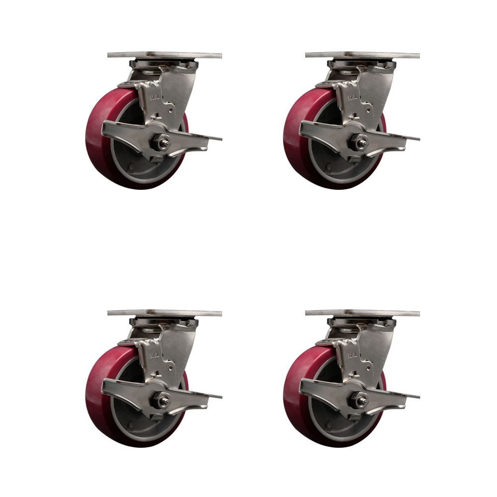 316 Stainless Steel Heavy Duty Swivel Caster Set of 4 with 5 Inch Polyurethane on Aluminum Wheels and Ball Bearings - Includes 4 Swivel with Top Lock Brakes - Service Caster Brand — photo 1