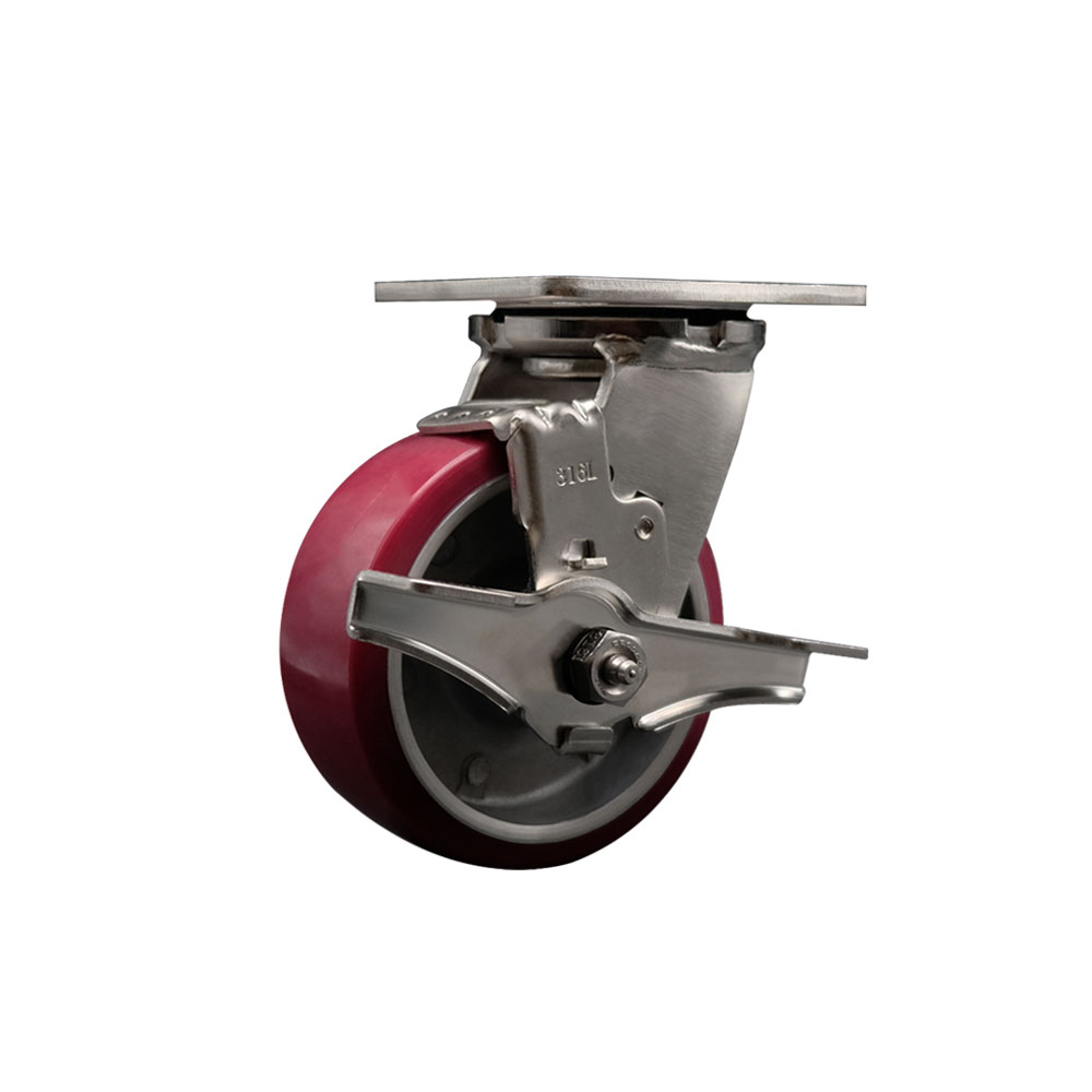 316 Stainless Steel Heavy Duty Swivel Top Plate Caster with Top Lock Brake and 5 Inch Polyurethane on Aluminum Wheel with Ball Bearings - 900 lbs. Capacity/Caster - Service Caster Brand — photo 1