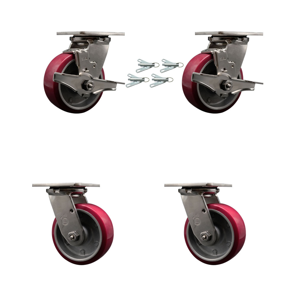 316 Stainless Heavy Duty Swivel Caster Set with 5 Inch Poly on Aluminum Wheels and Delrin Bearing-Include 2 Swivel w/Brake & Bolt on Swivel Lock and 2 Swivel w/Bolt on Swivel Lock-Service Caster Brand — photo 1