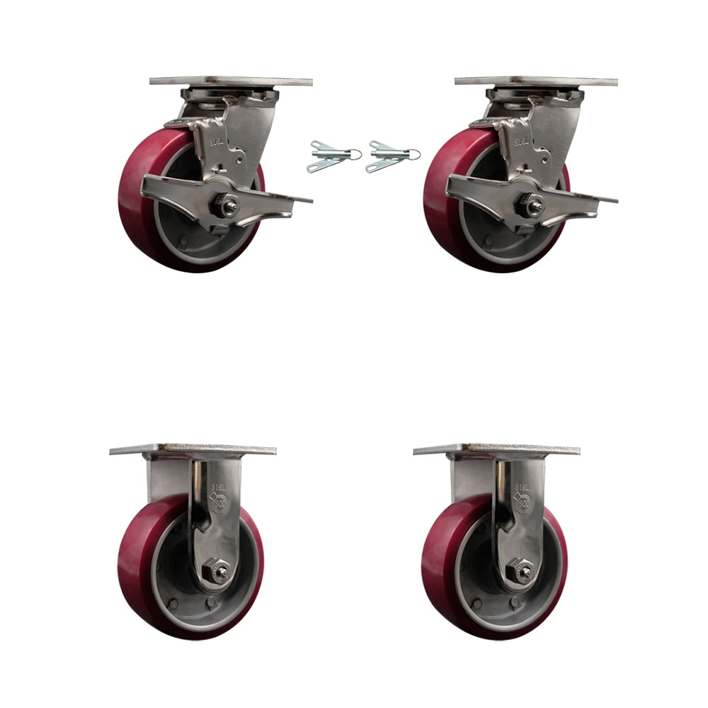316 Stainless Steel Heavy Duty Swivel Caster Set with 5 Inch Polyurethane on Aluminum Wheels and Ball Bearings - Includes 2 Swivel with Brakes and Bolt on Swivel Locks and 2 Rigid-Service Caster Brand — photo 1