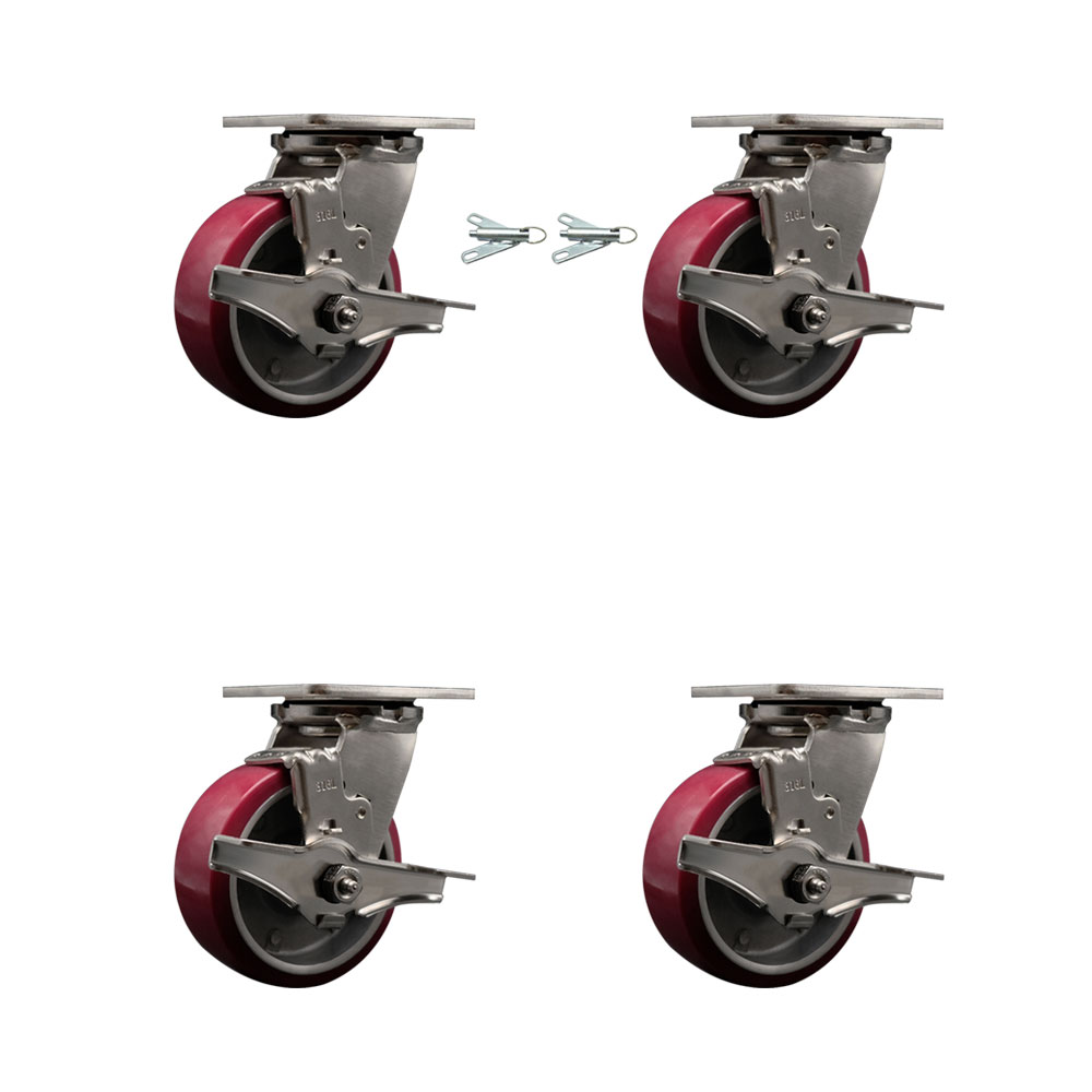 316 Stainless Steel Heavy Duty Swivel Caster Set with 5 Inch Polyurethane on Aluminum Wheels - Includes 2 Swivel with Brakes & Bolt on Swivel Locks and 2 Swivel with Brakes - Service Caster Brand — photo 1