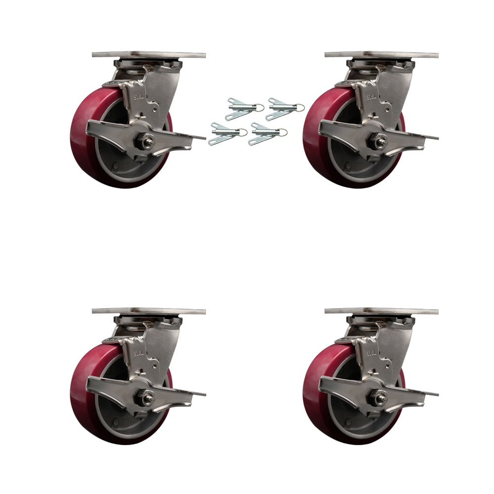 316 Stainless Steel Heavy Duty Swivel Caster Set of 4 with 5 Inch Polyurethane on Aluminum Wheels -Includes 4 Swivel with Top Lock Brakes and Bolt on Swivel Locks - Service Caster Brand — photo 1