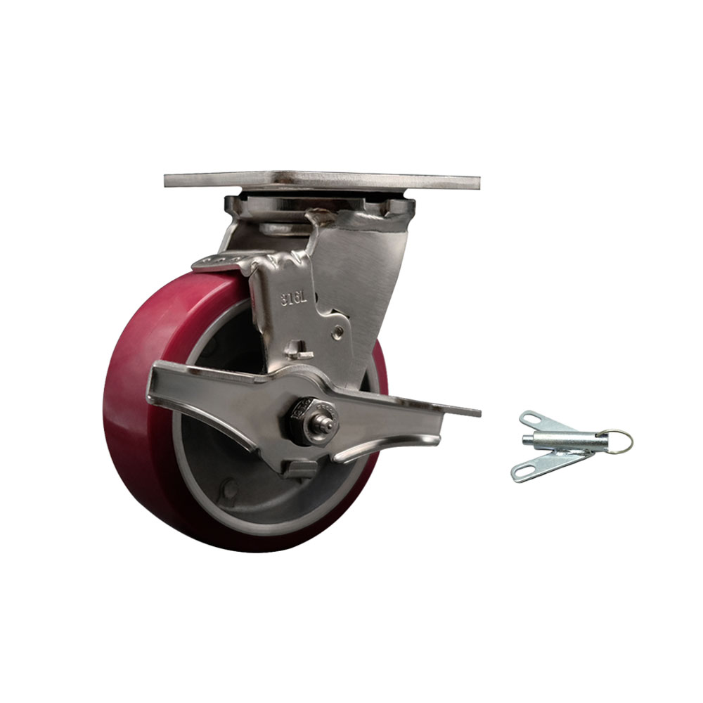 316 Stainless Steel Heavy Duty Swivel Top Plate Caster with Top Lock Brake and Bolt on Swivel Lock and 5 Inch Polyurethane on Aluminum Wheel with Ball Bearings - Service Caster Brand — photo 1