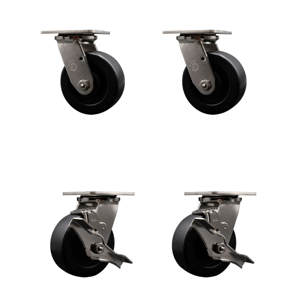 316 Stainless Steel Heavy Duty Swivel Caster Set of 4 with 5 Inch Polyolefin Wheels and Delrin Bearings - Includes 2 Swivel with Brakes and 2 Swivel - Service Caster Brand — photo 1