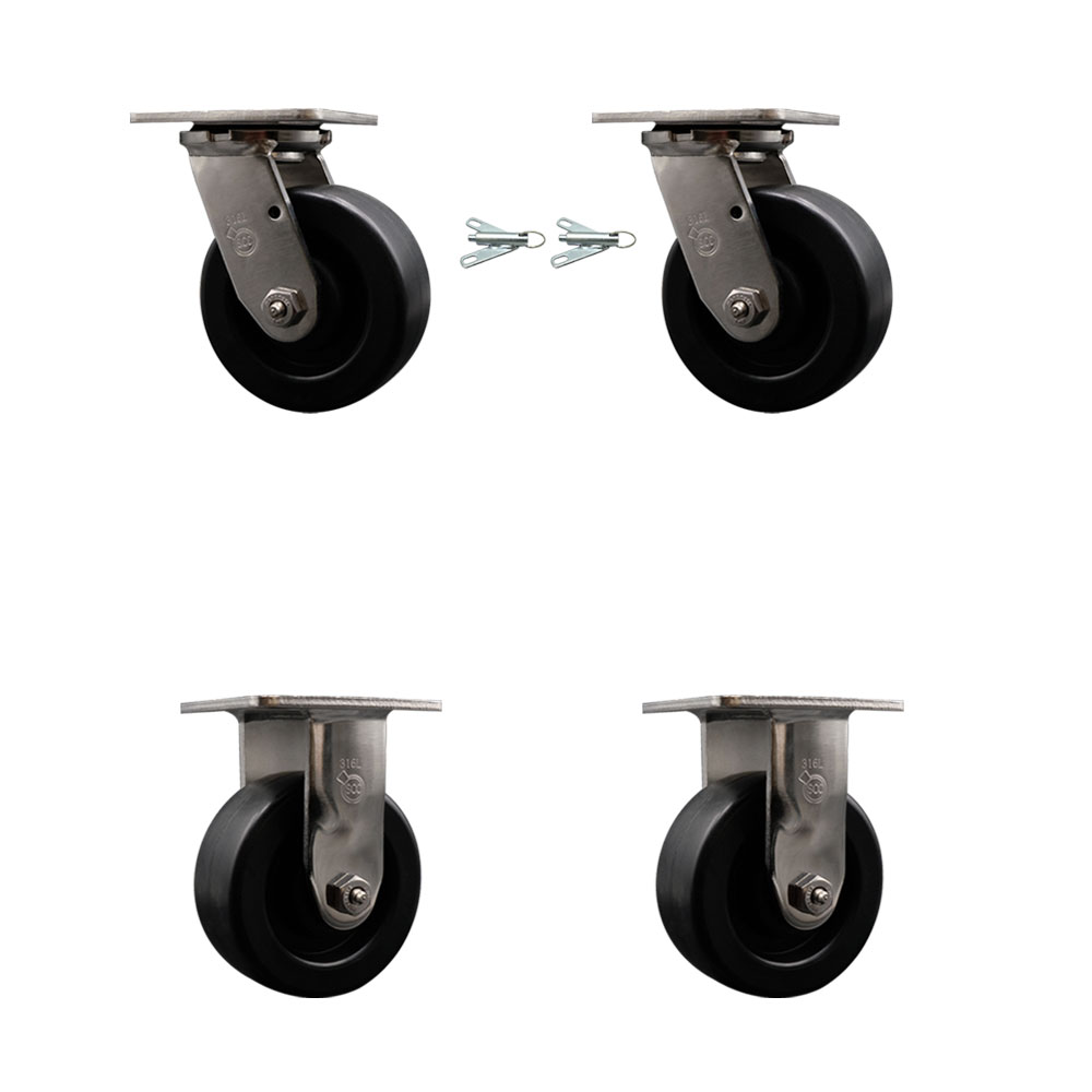 316 Stainless Steel Heavy Duty Swivel Caster Set of 4 with 5 Inch Polyolefin Wheels and Ball Bearings - Includes 2 Swivel with Bolt on Swivel Locks and 2 Rigid - Service Caster Brand — photo 1