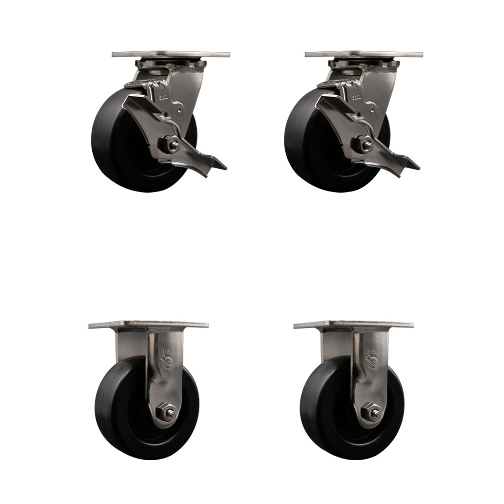 316 Stainless Steel Heavy Duty Swivel Caster Set of 4 with 5 Inch Polyolefin Wheels - Includes 2 Swivel with Brakes and 2 Rigid - 2,600 lbs. Total Capacity - Service Caster Brand — photo 1