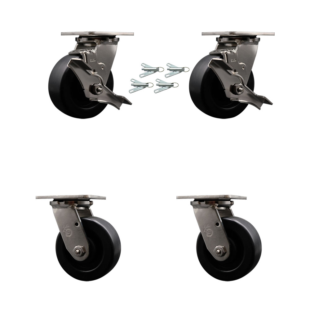 316 Stainless Heavy Duty Swivel Caster Set with 5 Inch Polyolefin Wheels and Delrin Bearings - Include 2 Swivel w/Brakes and Bolt on Swivel Lock and 2 Swivel w/Bolt on Swivel Lock-Service Caster Brand — photo 1