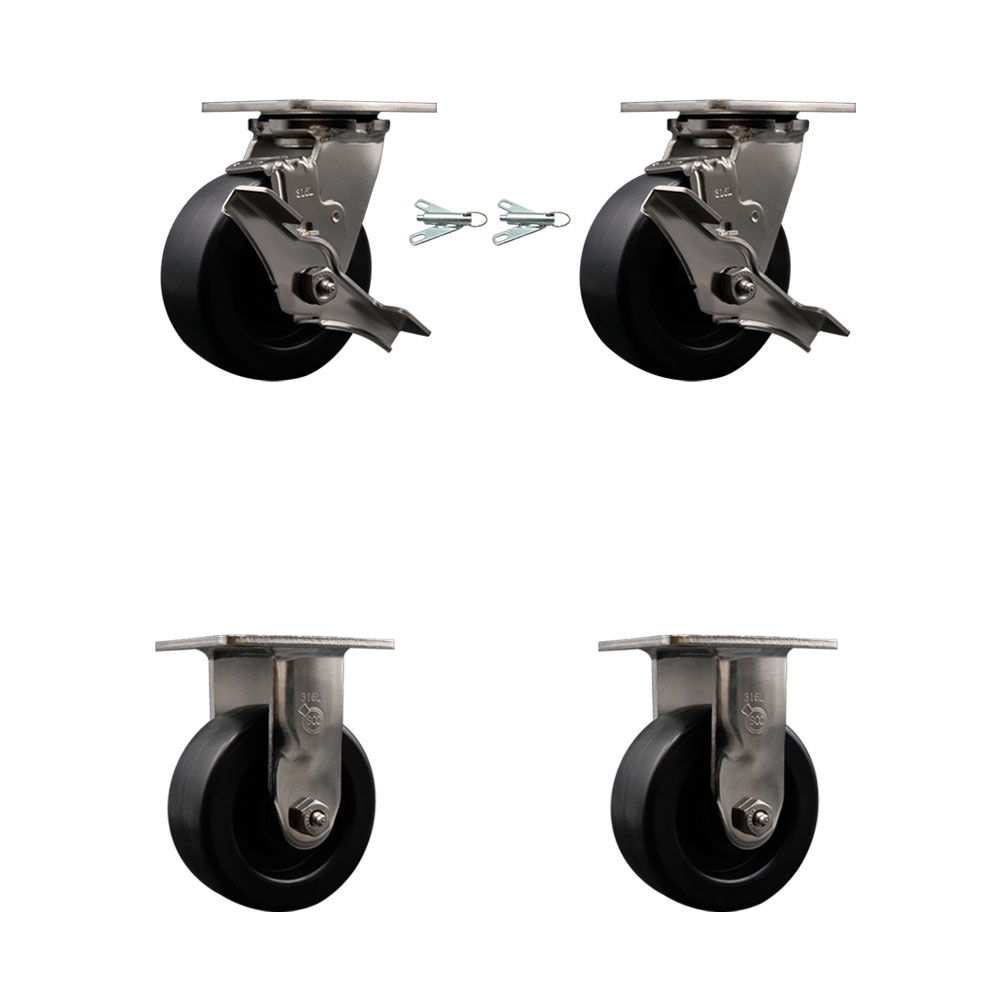 316 Stainless Steel Heavy Duty Swivel Caster Set with 5 Inch Polyolefin Wheels and Ball Bearings - Includes 2 Swivel with Brakes and Bolt on Swivel Locks and 2 Rigid - Service Caster Brand — photo 1