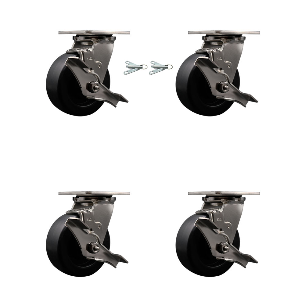 316 Stainless Steel Heavy Duty Swivel Caster Set with 5 Inch Polyolefin Wheels and Ball Bearings - Includes 2 Swivel w/Brakes and Bolt on Swivel Locks and 2 Swivel w/Brakes - Service Caster Brand — photo 1