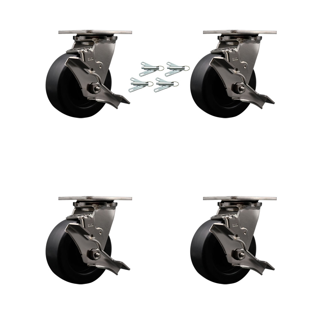 316 Stainless Steel Heavy Duty Swivel Caster Set of 4 with 5 Inch Polyolefin Wheels - Includes 4 Swivel with Top Lock Brakes and Bolt on Swivel Locks - 2,600 lbs. Total Capacity - Service Caster Brand — photo 1