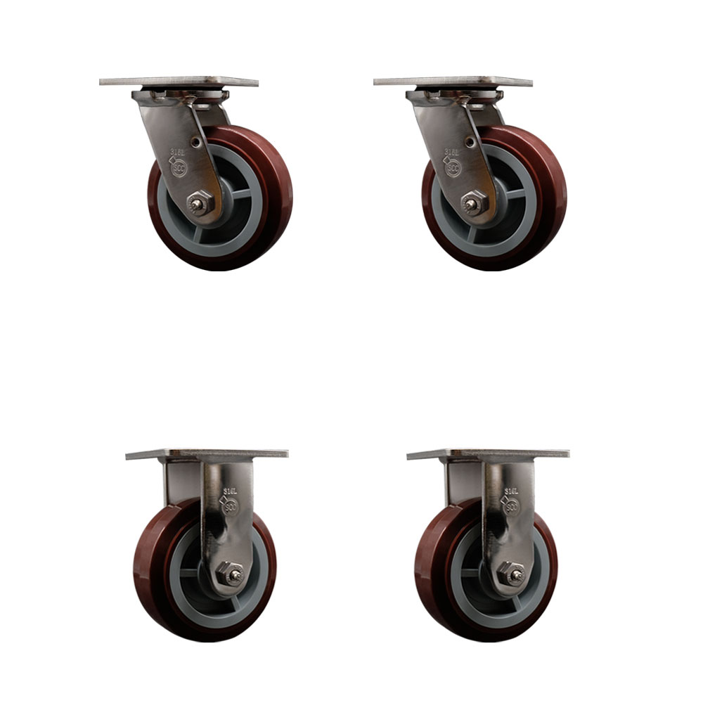 316 Stainless Steel Heavy Duty Swivel Caster Set of 4 with 5 Inch Polyurethane Wheels and Ball Bearings - Includes 2 Swivel and 2 Rigid - 3,000 lbs. Total Capacity - Service Caster Brand — photo 1