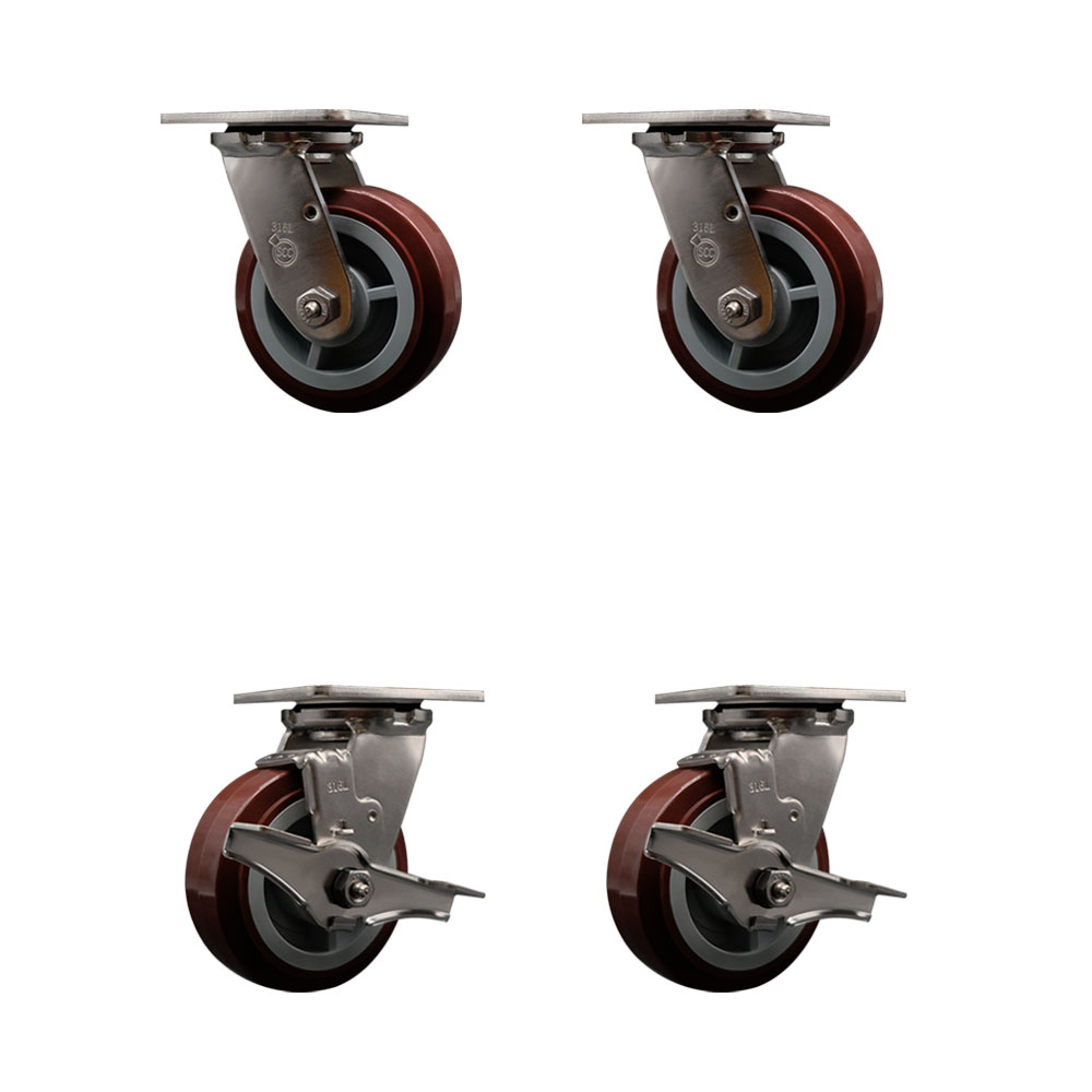 316 Stainless Steel Heavy Duty Swivel Caster Set of 4 with 5 Inch Polyurethane Wheels and Delrin Bearings - Includes 2 Swivel with Brakes and 2 Swivel - 3,000 lbs. Total Capacity- Service Caster Brand — photo 1